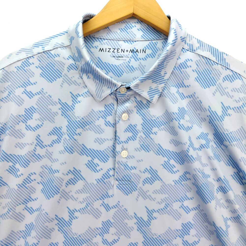 Mizzen Main Golf Polo Shirt Mens XXL Blue Camo Versa Performance Geometric AOP
